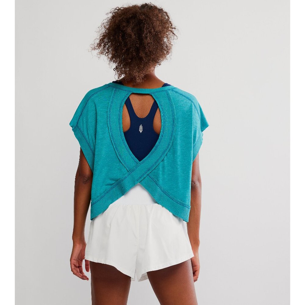 FP Movement by Free People Teal Open-Back Short Sleeve Top